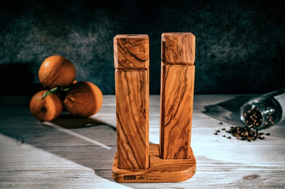 Handmade Olive Wood Pepper Mill Set with Ceramic Grinder - Includes Base for Elegant Display, Durable Grinding Mechanism