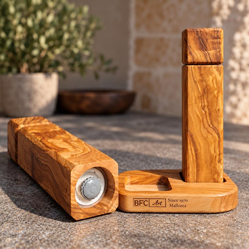Set di macina sale e pepe in legno d'ulivo con supporto, macine quadrate fatte a mano, idea regalo per la cucina. immagine 8