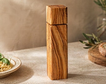 Olive Wood Pepper Mill, Handmade Square Salt Grinder, 1 Wooden Spice Grinder, Rustic Kitchen Gift