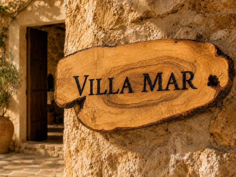 Puede incluir: Un letrero de madera natural con bordes irregulares y rugosos con vetas visibles, que presenta el texto VILLA MAR en letras may&uacute;sculas oscuras y negritas. El letrero est&aacute; montado sobre una superficie de pared de piedra clara y texturizada.