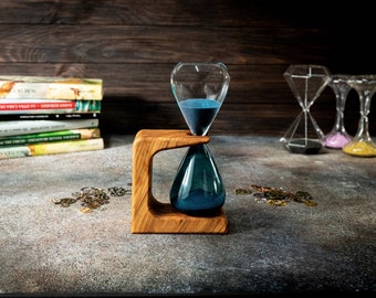 Table sand clock Decorative hourglass holder of 15 min. in olive wood Customizable, Modern hourglass , sand hourglass timer.