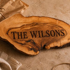 Puede incluir: Una tabla de servir de madera con borde natural, veta marr&oacute;n clara y bordes de corteza oscura. El texto THE WILSONS est&aacute; grabado en una fuente serif oscura en el centro de la tabla, resaltando la forma org&aacute;nica y la textura de la madera.