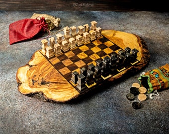 Handcrafted Olive Wood Chess Board Set and Checkers, Rustic Customizable Chess Game, Unique Olive Wood Chess Board and Checkers Set