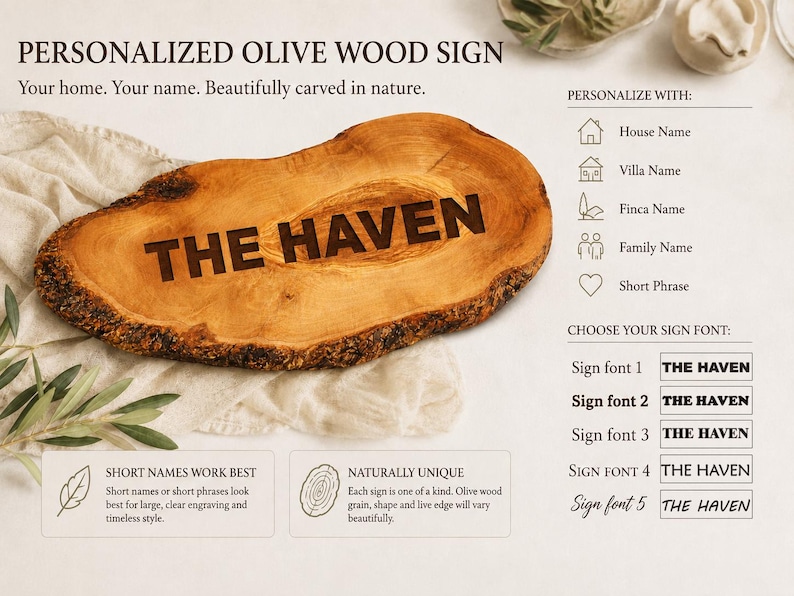 Puede incluir: Un letrero ovalado de madera de olivo con borde natural y veteado, grabado con el texto THE HAVEN. La imagen incluye opciones de personalizaci&oacute;n para nombres de casa, villa, finca o familia, adem&aacute;s de cinco estilos de fuente para elegir.