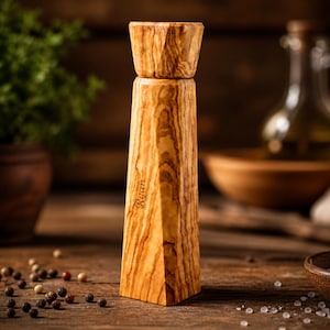 Pu&ograve; includere: Un macinapepe in legno con finitura marrone chiaro e design geometrico. La parola "Ryan" &egrave; incisa sul lato. Il macinapepe &egrave; circondato da grani di pepe, sale e altri oggetti da cucina.