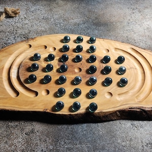 Custom Solitaire Game Board Handmade With a Rustic Board Olive Wood, Custom wooden solitaire game with glass balls