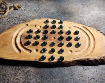 Custom Solitaire Game Board Handmade With a Rustic Board Olive Wood, Custom wooden solitaire game with glass balls