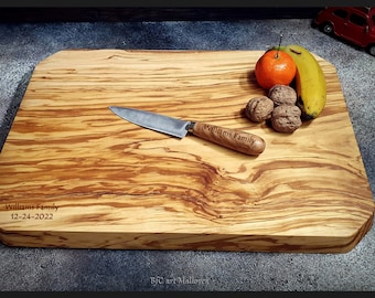 Taglieri extra large in legno d'ulivo fatti a mano e coltello artigianale abbinato, tagliere da macellaio personalizzato grande