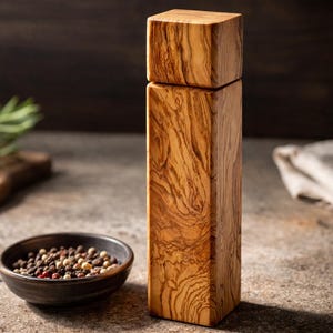 Op de afbeelding: Een hoge, rechthoekige houten pepermolen met een vierkante bovenkant. De houtnerf is zichtbaar. Een kleine, donkere kom gevuld met peperkorrels staat voor de molen. Rozemarijn en een snijplank staan op de achtergrond. De molen is ongeveer 20 cm hoog.