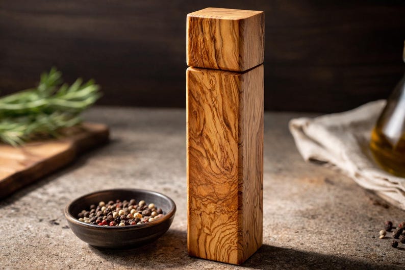 Op de afbeelding: Een hoge, rechthoekige houten pepermolen met een vierkante bovenkant. De houtnerf is zichtbaar. Een kleine, donkere kom gevuld met peperkorrels staat voor de molen. Rozemarijn en een snijplank staan op de achtergrond. De molen is ongeveer 20 cm hoog.