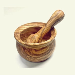 Vintage Holzmörser, Mörser und Stößel Olivenholz, Holzmörser in moderner Form, handgefertigter Mörser und Stößel, Kräutermörser, Hartholz