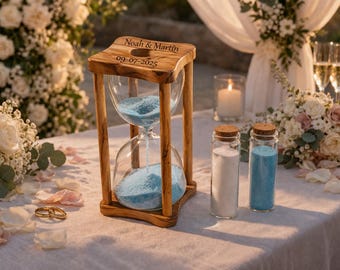Personalized Wedding Hourglass, Unity Sand Ceremony Keepsake, Engraved Olive Wood Wedding Gift for Couple