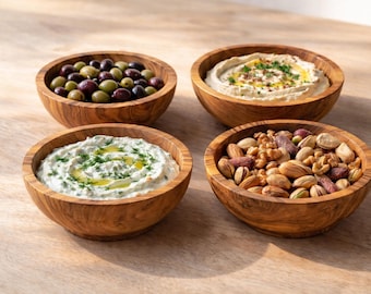 4er Set Olivenholzschalen: Kleine rustikale Schalen zum Servieren von Desserts und Müsli.