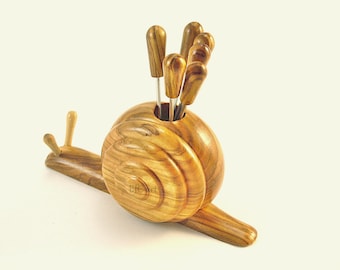 Olive Wood Snail Skewer Set, Appetizer Picks, Snack Utensil