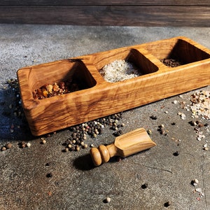 Handcrafted Olive Wood Salt Box with Spoon - Rustic Salt Cellar for Modern Kitchen