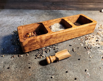 Boîte à sel fabriquée à la main en bois d'olivier avec cuillère - Salière rustique pour cuisine moderne