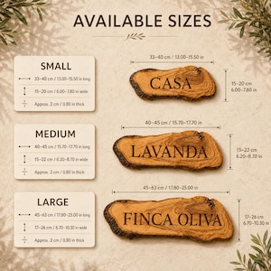 Puede incluir: Tres rodajas de madera de olivo natural con bordes de corteza, etiquetadas CASA, LAVANDA y FINCA OLIVA. Una tabla de tallas muestra las dimensiones en cent&iacute;metros y pulgadas para opciones peque&ntilde;a, mediana y grande, de 33 a 63 cm de largo.