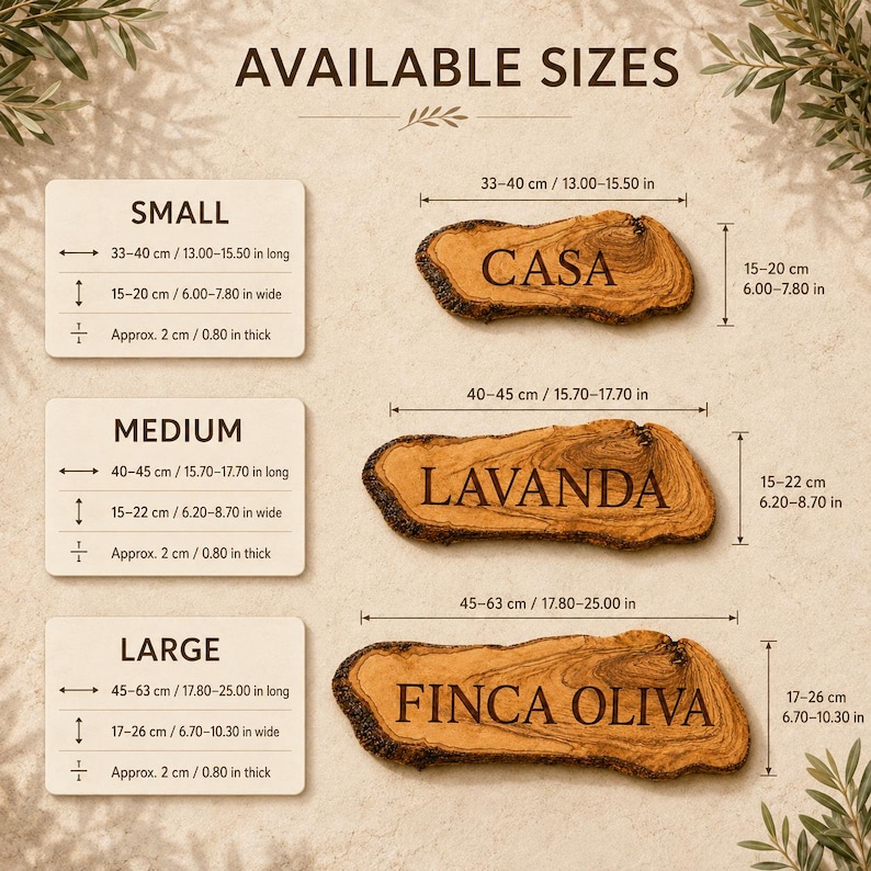 Puede incluir: Tres rodajas de madera de olivo natural con bordes de corteza, etiquetadas CASA, LAVANDA y FINCA OLIVA. Una tabla de tallas muestra las dimensiones en cent&iacute;metros y pulgadas para opciones peque&ntilde;a, mediana y grande, de 33 a 63 cm de largo.