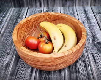 Saladier en bois d'olivier, bol fait main tourné ou pièce maîtresse pour les fruits, bol à fruits en bois vintage, maison à plateau du milieu du siècle