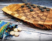 Olive Wood Checkerboard Live edge, Checker Board Game Unique, Original Wooden Checker, Checkered Game, Father Home Gift, Family Game Vintage