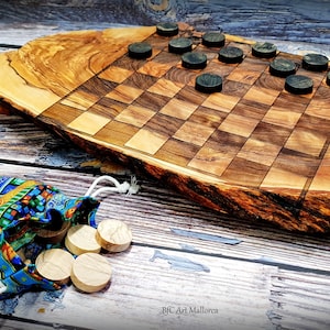 Olive Wood Checkerboard Live edge, Checker Board Game Unique, Original Wooden Checker, Checkered Game, Father Home Gift, Family Game Vintage