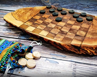 Olive Wood Checkerboard Live edge, Checker Board Game Unique, Original Wooden Checker, Checkered Game, Father Home Gift, Family Game Vintage