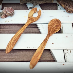 Salad Servers olive wood, Salad Spoons Set, Olive Wood Spoons, Set Handmade Cutlery, Wooden Fork and Spoons, Gift Spoon, Salad Servers