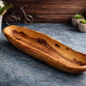 Cuencos de Madera Olivo, Cuenco largo Rústico, Cuenco Con Corteza de Madera , Frutero de Madera, Cuenco para Pan, Plato para frutas, Cuenco