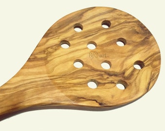 Spatule en bois, cuillère à trous, spatule en bois d'olivier, cueilleur de nourriture, pelle à viande, spatule pour paella, cuillère rustique, cuillère en bois rustique