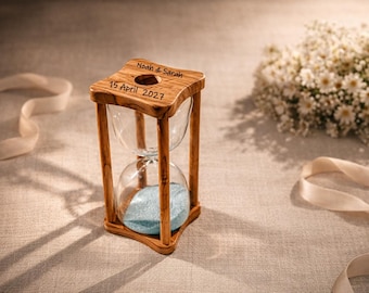 Engraved Olive Wood Hourglass, Wedding Memory Gift for Bride and Groom, Rustic Keepsake Decor, Personalized Gift