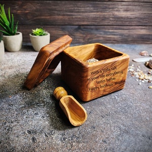 Shaker Box With Lid and spoon of salt customizable, Olive wood sugar bowl with lid and spoon, Olive wood salt keeper Handmade Salt Container