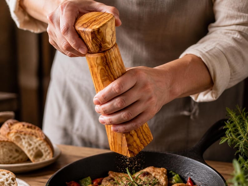 Pu&ograve; includere: Un macinapepe in legno &egrave; tenuto sopra una padella in ghisa. Il macinino &egrave; in legno marrone chiaro con una venatura strutturata. La padella contiene cibo cotto con verdure. Pane a fette &egrave; su un piatto sullo sfondo.