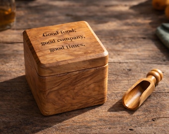 Personalized Handcrafted Olive Wood Salt Cellar with Lid & Spoon – Unique Kitchen Gift