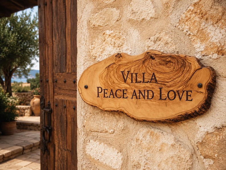 Puede incluir: Un letrero de madera con bordes naturales y una veta prominente, montado sobre una pared de piedra texturizada. El letrero presenta el texto grabado VILLA PEACE AND LOVE en una fuente serif oscura, asegurado con dos tornillos de metal oscuro.