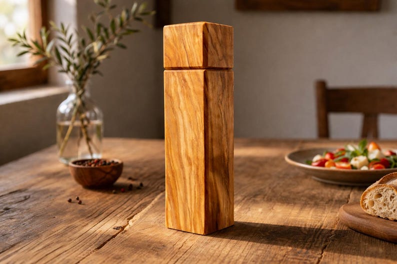 Op de afbeelding: Een hoge, rechthoekige houten pepermolen met een vierkante bovenkant en een natuurlijke houtnerf. De molen staat op een houten tafel, met een kom met peperkorrels en een salade op de achtergrond. Thema: keukengerei.