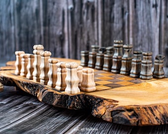 Live edge Schachset, Schachset Premium mit Brett Holz, Schachset Handgemacht aus Olivenholz, Rustikales Schachbrett Set, Vintage Schachspiele mit Brett
