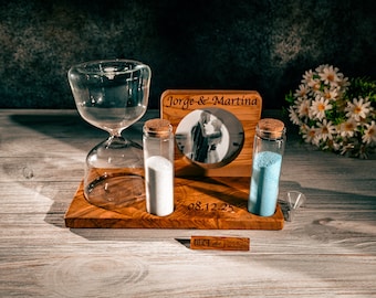 Handgemaakte olijfhouten bruiloftzandloper – Unity Sand-ceremonieset met fotolijst