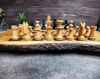Handmade Olive Wood Chess Board from a Single Solid Piece, Unique and Exclusive Rustic Design Chess Board BFC art,Elegant chess board set