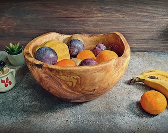 Rustic Olive Wood Salad Bowl, Handcrafted Live Edge Fruit Bowl