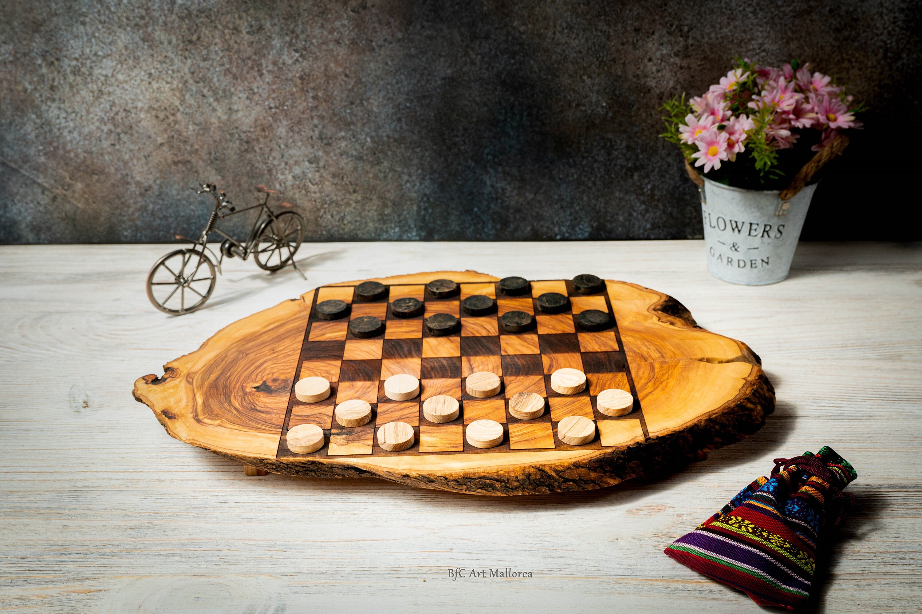 Handmade Checkerboard Live Edge Olive Wood, Checkerboard Rustic Wooden ...