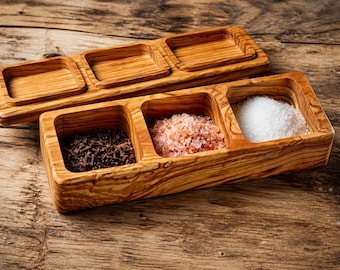 Saliera in legno d'ulivo con coperchio, saliera a 3 scomparti, scatola per spezie fatta a mano, regalo personalizzato per la cucina.