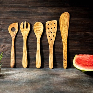 Kookbestek olijfhouten set, keukengerei hout, handgemaakte spurtleset, klassieke kookgerei, herbruikbaar en ecologisch