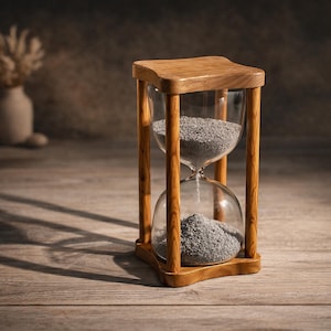 Op de afbeelding: Een houten zandloper met een heldere glazen bol gevuld met grijs zand. De zandloper staat in een houten frame. De achtergrond toont een vaas met gedroogde bloemen en twee stenen op een houten oppervlak.