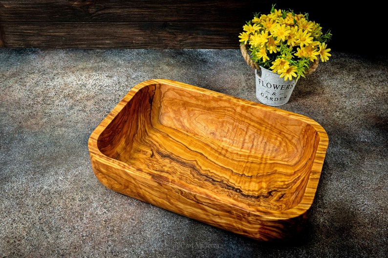 Wooden Bowl Olive wood Handmade for Storage, Wood Crafts Bowl Fruit Salad Serving Bowls, centerpiece rectangular olive wood bowl image 2