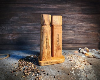 Handmade Olive Wood Salt and Pepper Grinder Set with Tray, ceramic mechanism, Custom Base