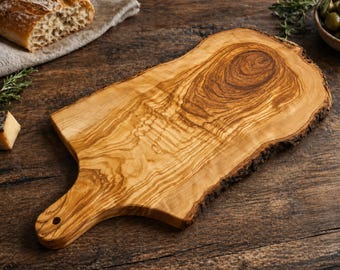Personalized Olive Wood Cutting Board with Handle, Rustic Charcuterie Board, Live Edge Cheese Board, Kitchen Gift