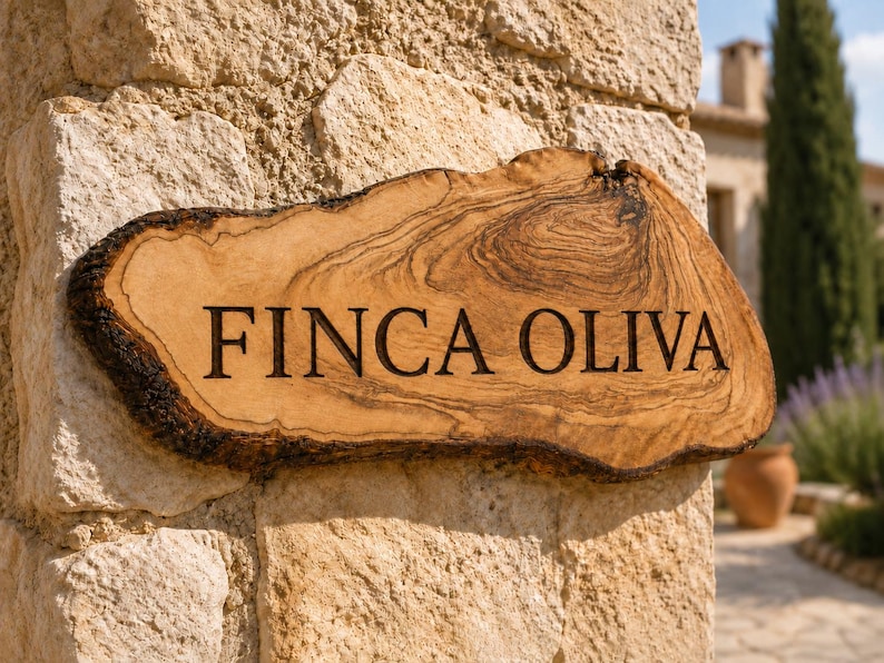 Puede incluir: Un letrero de madera natural con borde de corteza oscura y superficie de veta marr&oacute;n claro. El texto FINCA OLIVA est&aacute; grabado en letras may&uacute;sculas negras en el centro de la pieza de madera, montada sobre un muro de piedra.