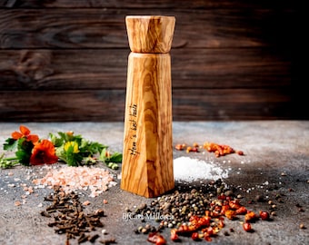 Personalized Olive Wood Pepper Mill: Engraved Ceramic Grinder, Kitchen Gift