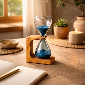 Soporte de reloj de arena decorativo de 15 min en madera de olivo, Personalizable temporizador de arena con soporte de madera
