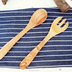 Spoon and Fork big wood, Ecological Salad Spoons, Set Spoon and Fork, Rustic Olive Wood Spoon Fork, Craft Cutlery, Curved Craft Spoon